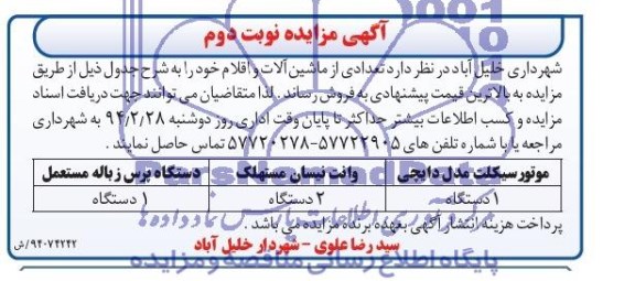 آگهی مزایده,مزایده تعدادی از ماشین آلات
