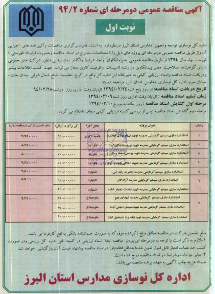 آگهی مناقصه عمومی دو مرحله ای , مناقصه استانداردسازی سیستم گرمایشی 