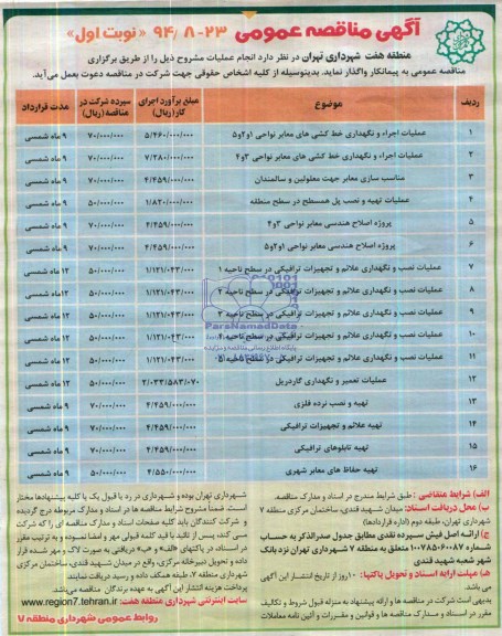 مناقصه , مناقصه عملیات اجراء و نگهداری خط کشی های معابر نواحی 1 و 2 و 5