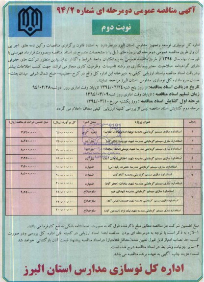 آگهی مناقصه عمومی دو مرحله ای , مناقصه استانداردسازی سیستم گرمایشی 