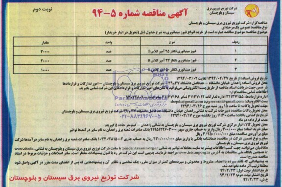 مناقصه , مناقصه خرید انواع فیوز مینیاتوری 