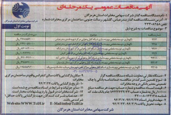 آگهی مناقصه عمومی یک مرحله ای , مناقصه نگهداری , توسعه مقطعی , بهینه سازی شبکه کابل 