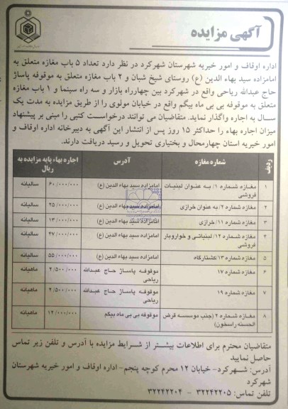 مزایده , مزایده تعداد 5 باب مغازه