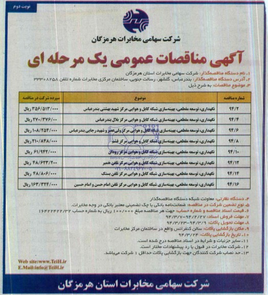 آگهی مناقصه عمومی یک مرحله ای , مناقصه نگهداری , توسعه مقطعی , بهینه سازی شبکه کابل 