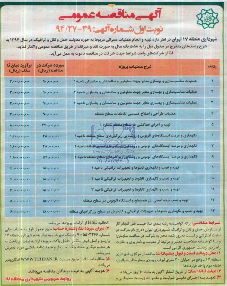 مناقصه  , مناقصه  عملیات مناسب سازی و بهسازی معابر جهت معلولین و سالمندان و جانبازان ناحیه 1