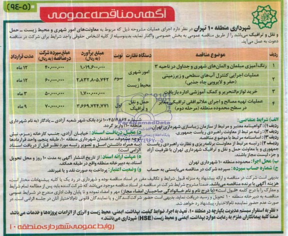 مناقصه , مناقصه رنگ آمیزی مبلمان و املانهای شهری و جداول در ناحیه 3