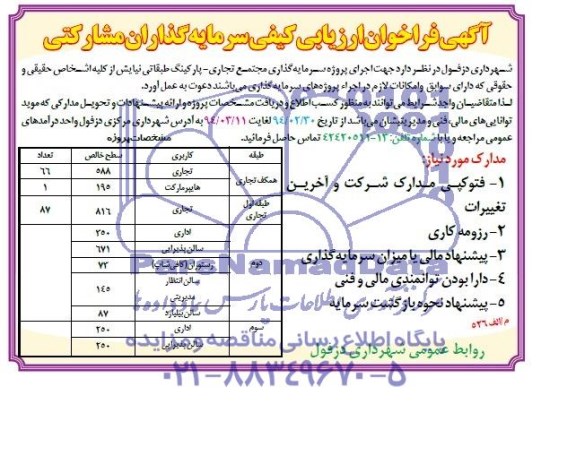 آگهی فراخوان ارزیابی کیفی, مناقصه اجرای پروژه سرمایه گذاری مجتمع تجاری- پارکینگ طبقاتی 