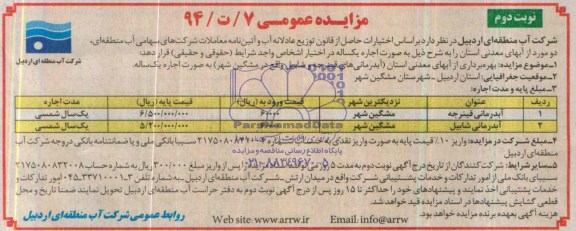 مزایده عمومی , مزایده عمومی بهره برداری از آب های معدنی