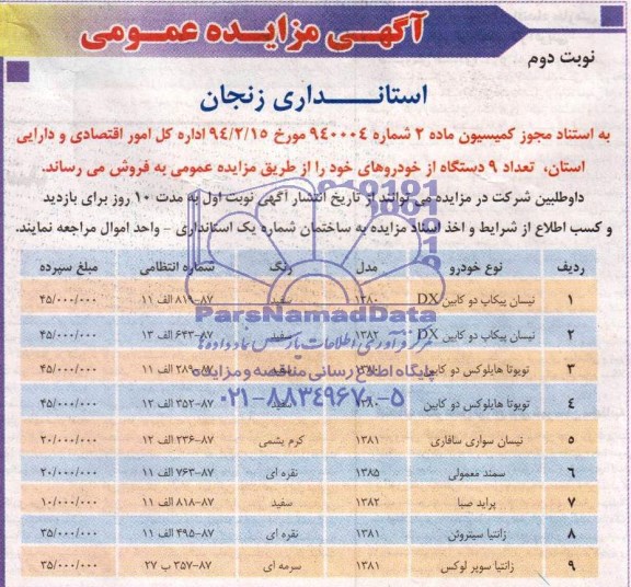 مزایده عمومی , مزایده عمومی تعداد 9 دستگاه خودرو