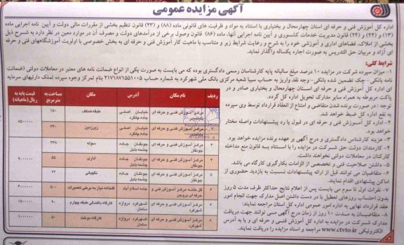 مزایده عمومی , مزایده عمومی خشی از املاک ، فضاهای اداری و آموزشی