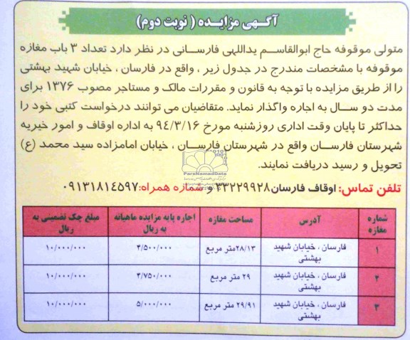 مزایده , مزایده تعداد 3 باب مغازه موقوفه