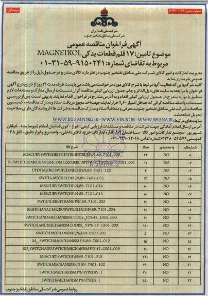 آگهی فراخوان مناقصه عمومی,مناقصه  17 قلم قطعات یدکی MAGNETROL