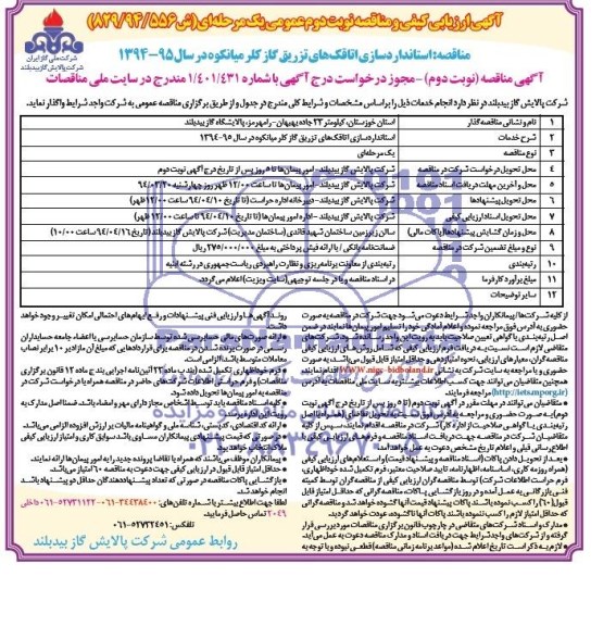 ارزیابی کیفی و مناقصه عمومی , ارزیابی کیفی و مناقصه عمومی استانداردسازی اتاقک های تزریق گاز کلر میانکوه 
