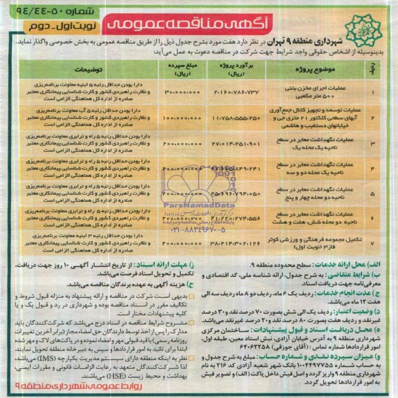 آگهی مناقصه عمومی  , مناقصه عملیات اجرای مخزن بتنی 500 مترمکعبی...