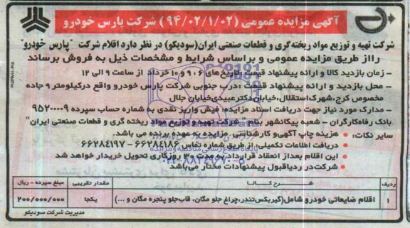 آگهی مزایده, اقلام ضایعاتی خودرو شامل (گیربکس، تندر، چراغ جلو مگان، قاب جلو پنجره مگان و...) 