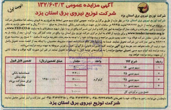 مزایده عمومی , مزایده عمومی انواع سیم مسی اسقاط