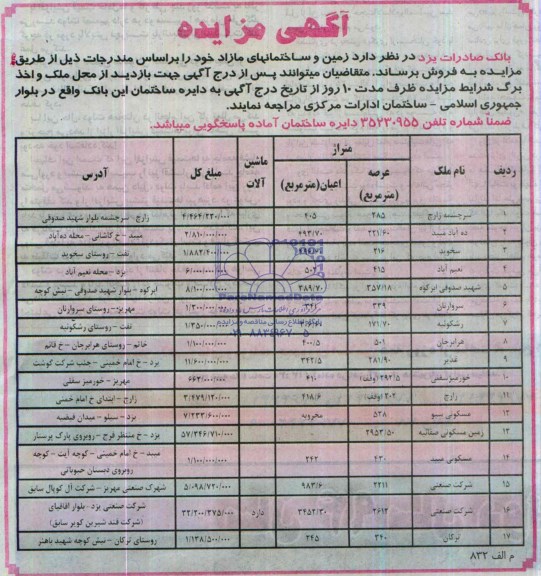 مزایده,زمین و ساختمانهای مازاد