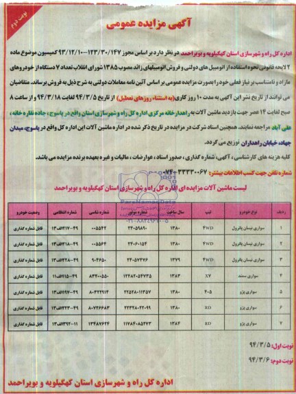 آگهی مزایده عمومی , مزایده فروش تعداد 7 دستگاه از خودروهای مازاد 