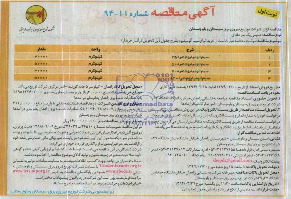 آگهی مناقصه , مناقصه سیم آلومینیوم نمره 35