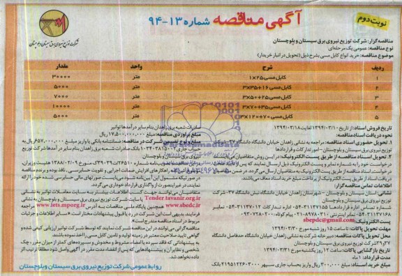 آگهی مناقصه , مناقصه خرید انواع کابل مسی 