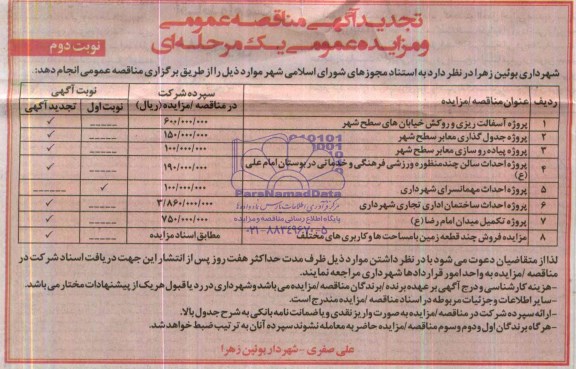 تجدید آگهی مزایده عمومی,مزایده فروش چند قطعه زمین با مساحت ها و کاربری های مختلف