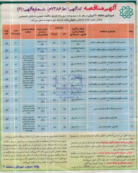 مناقصه , مناقصه خرید و نصب گاردریل در سطح منطقه 20 فاز 1