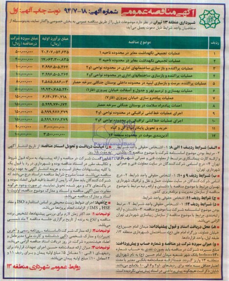 آگهی مناقصه عمومی , مناقصه عملیات تجمیعی نگهداشت معابر در محدوده ناحیه 1....