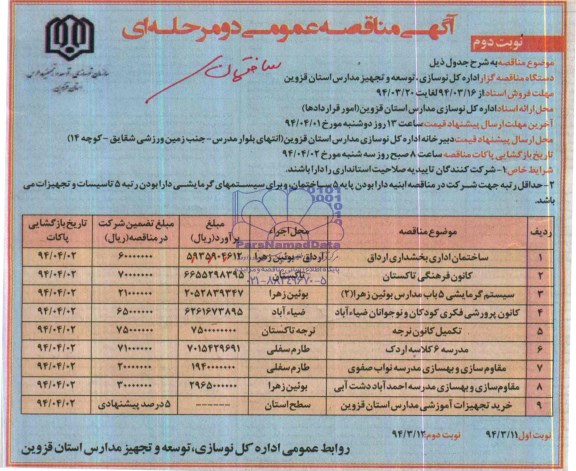 آگهی مناقصه عمومی دو مرحله ای, مناقصه ساختمان  اداری بخشداری 