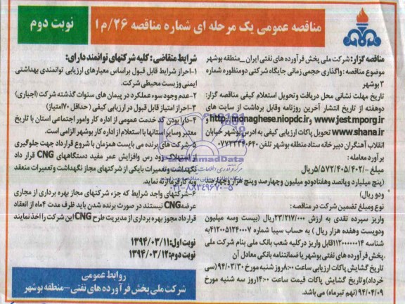 مناقصه عمومی یک مرحله ای , مناقصه واگذاری حجمی زمانی جایگاه شرکتی