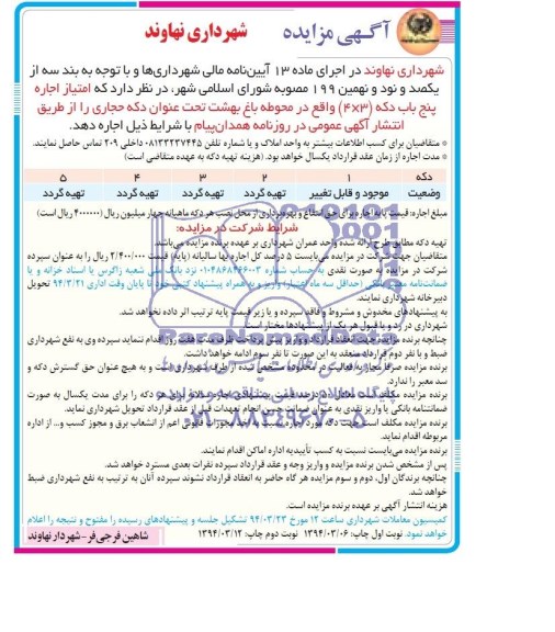 مزایده ، مزایده پنج باب دکه 4*3