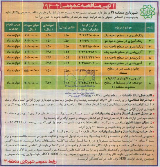 آگهی مناقصه عمومی, مناقصه رنگ آمیزی در سطح ناحیه یک...