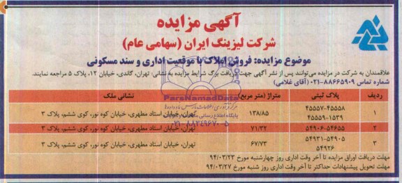 مزایده,املاک موقعیت اداری و سند مسکونی