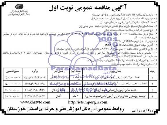 آگهی مناقصه عمومی, مناقصه احداث و تکمیل 4 پروژه عمرانی 