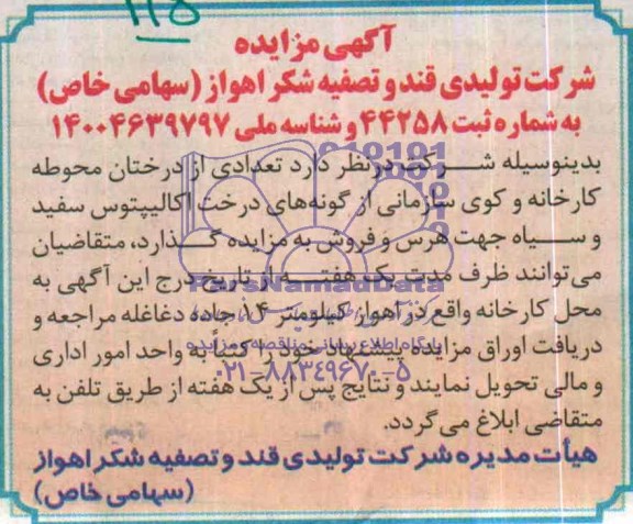 مزایده , مزایده تعدادی از درختان از گونه های درخت اکالیپتوس سفید و سیاه