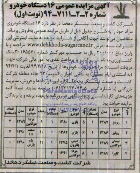 مزایده , مزایده 16 دستگاه خودروی مازاد 