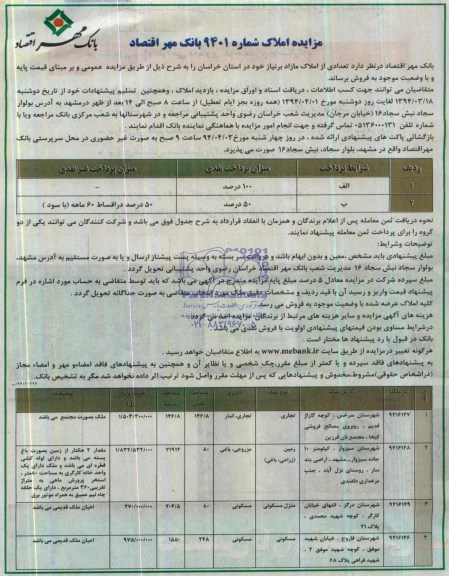 مزایده,تعدادی از املاک مازاد برنیاز