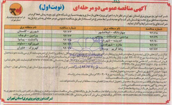 مناقصه,بازسازی و بهینه سازی شبکه توزیع