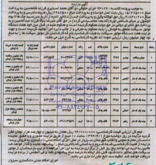 آگهی مزایده, مزایده هفت دستگاه موتور سیکلت