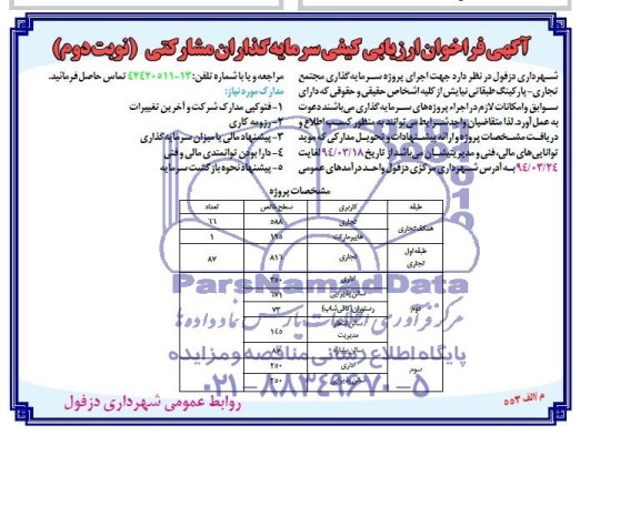 آگهی فراخوان ارزیابی کیفی, مناقصه اجرای پروژه سرمایه گذاری مجتمع تجاری- پارکینگ طبقاتی 