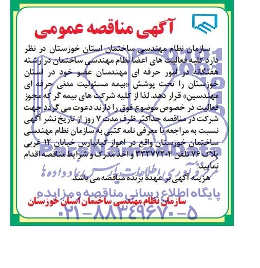 مناقصه , مناقصه فعالیت های اعضا نظام مهندسی ساختمان در رشته هفتگانه در امور حرفه ای مهندسان عضو 
