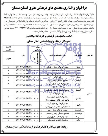 فراخوان ,فراخوان واگذاری مجتمع های فرهنگی هنری