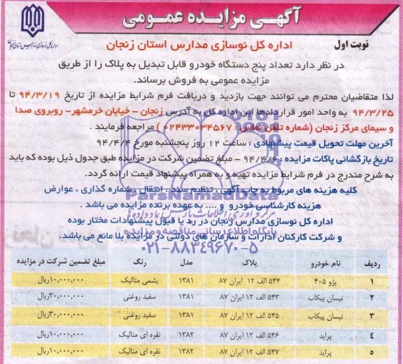 مزایده عمومی , مزایده عمومی تعداد پنج دستگاه خودرو قابل تبدیل به پلاک