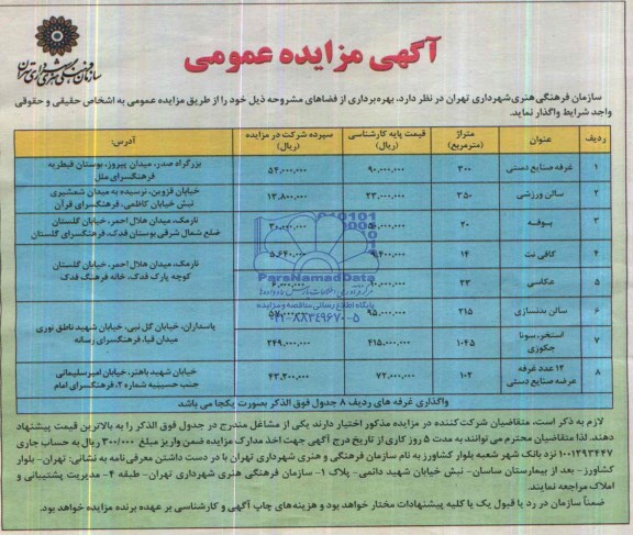 آگهی مزایده عمومی,مزایده بهره برداری از فضاهای مشروحه