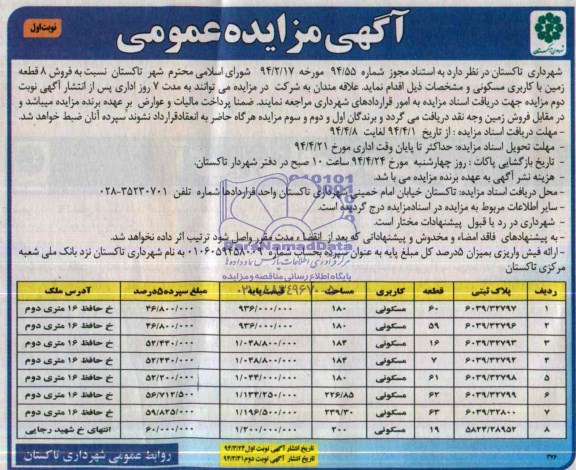 مزایده,هشت قطعه زمین مسکونی