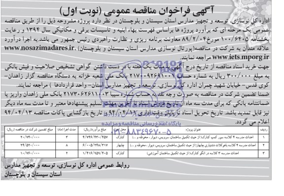 آگهی فراخوان مناقصه عمومی, مناقصه احداث مدرسه 4 کلاسه