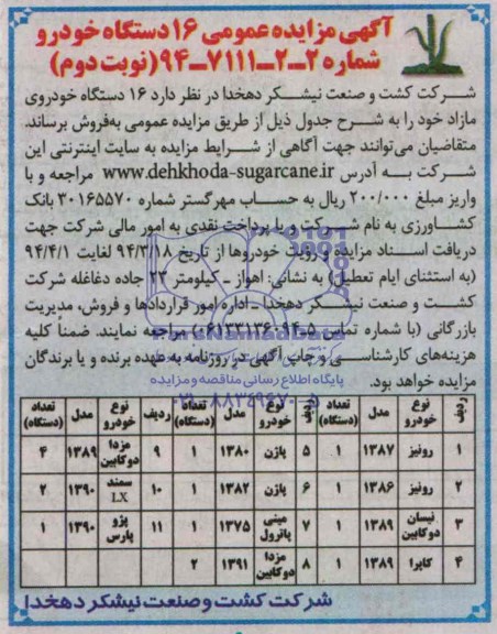 مزایده , مزایده 16 دستگاه خودروی مازاد 