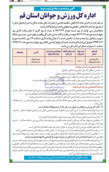 آگهی مزایده دومرحله ای,مزایده سالن ورزشی