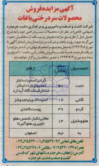 مزایده  , مزایده  فروش محصولات سردرختی باغات