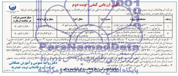 آگهی ارزیابی کیفی,مناقصه عملیات نصب 700 فقره انشعاب بدون لوازم 