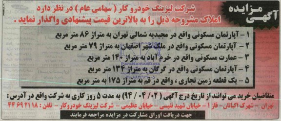 مزایده,چهاردستگاه اپارتمان و یک قطعه زمین تجاری